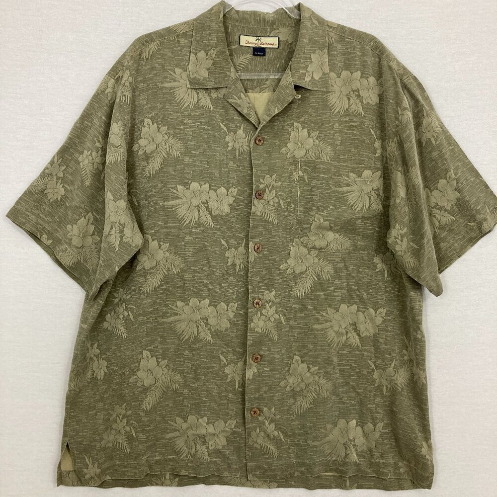 Tommy Bahama Brown/Green Tropical Print 100% Silk Button Down Large‎ Vacation